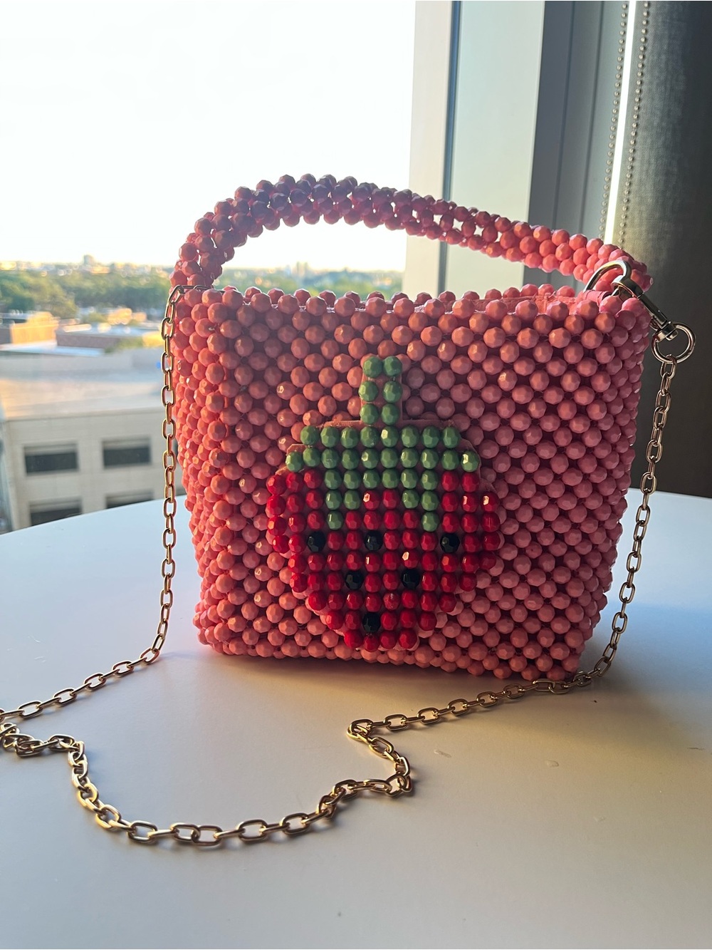 Pink Beaded Strawberry Mini Bag with Removable Crossbody Chain